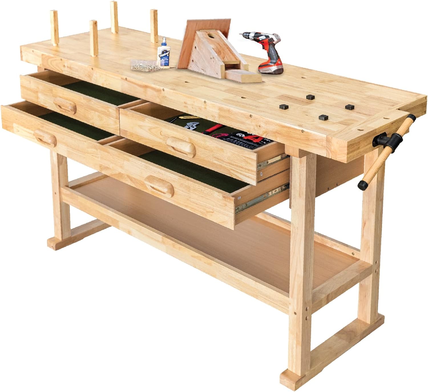 Olympia Tools 64.5' Rubber Hardwood Workbench with 4-Drawers & Clamp, 450 lb Capacity – Heavy-Duty Woodworking Storage, Tools Organizer, and Craftsman Standing Station Table for Workshop