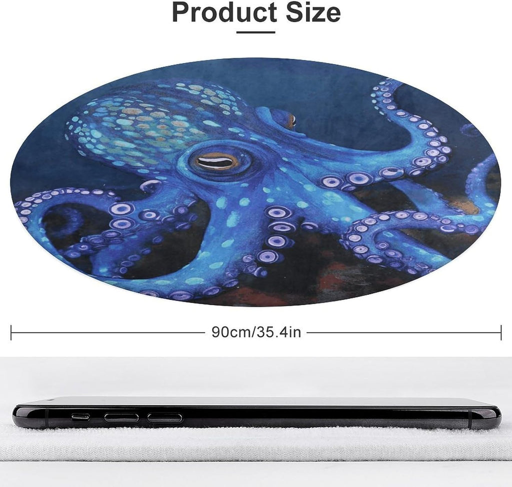 Blue Octopus Coral Velvet Round Floor Mat Non-Slip Bath Rug Floor Covering for Bathroom Vanity Guest Suite & Vacation Home