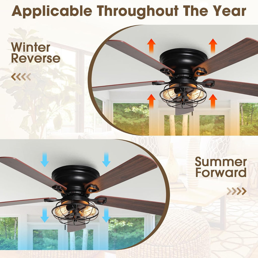48' Farmhouse Low Profile Ceiling Fan with Light & Remote, Outdoor Flush Mount Ceiling Fans for Bedroom Living Room, 5-Blades 3-Speed Quiet Reversible Motor, Timer Function