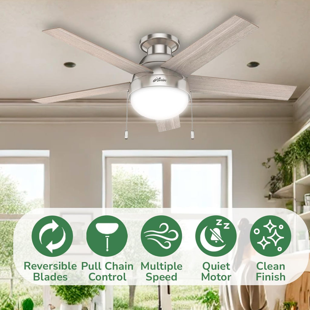Hunter 46 inch Indoor Ceiling Fan with LED Light - Ceiling Fan with Pull Chain, for Bedroom, Living Room, or Kitchen, Low Profile Mount, No Remote, 5 Blades - Anslee 50278, Brushed Nickel
