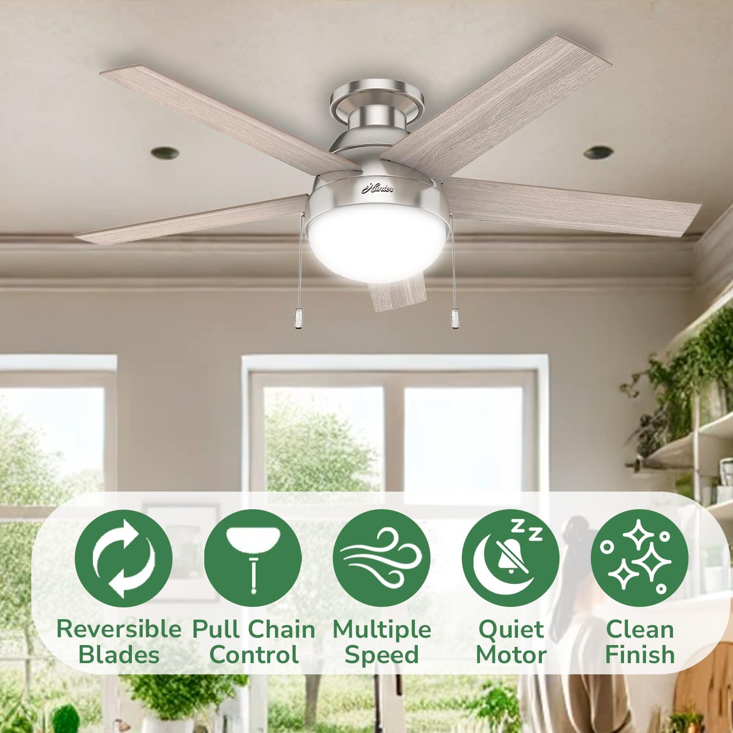 Hunter 46 inch Indoor Ceiling Fan with LED Light - Ceiling Fan with Pull Chain, for Bedroom, Living Room, or Kitchen, Low Profile Mount, No Remote, 5 Blades - Anslee 50278, Brushed Nickel