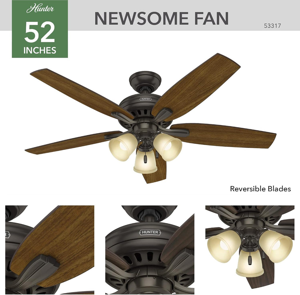 Hunter 52 inch Indoor Ceiling Fan with LED Lights - Bronze Ceiling Fan with Pull Chain, For Bedroom or Living Room, Standard Mount, No Remote, 5 Blades, Includes Bulbs - Newsome 53317, Premier Bronze