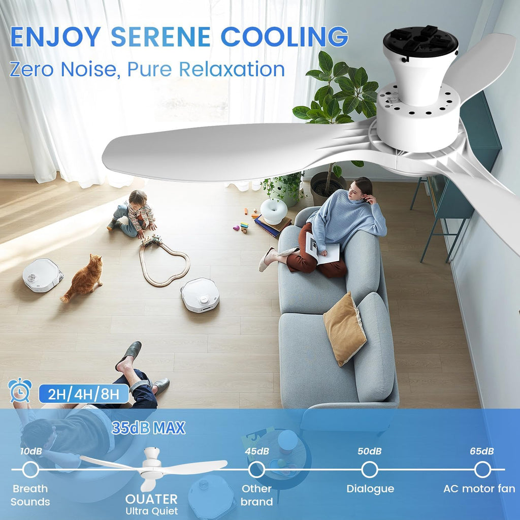 52' White Ceiling Fan with Light and Remote, Flush Mount Low Profile Ceiling Fans, Ceiling Fan with Dimmable LED Lights, 6 Speed, Silent Reversible DC Motor,White Fan for Bedroom/Living Room/Patios