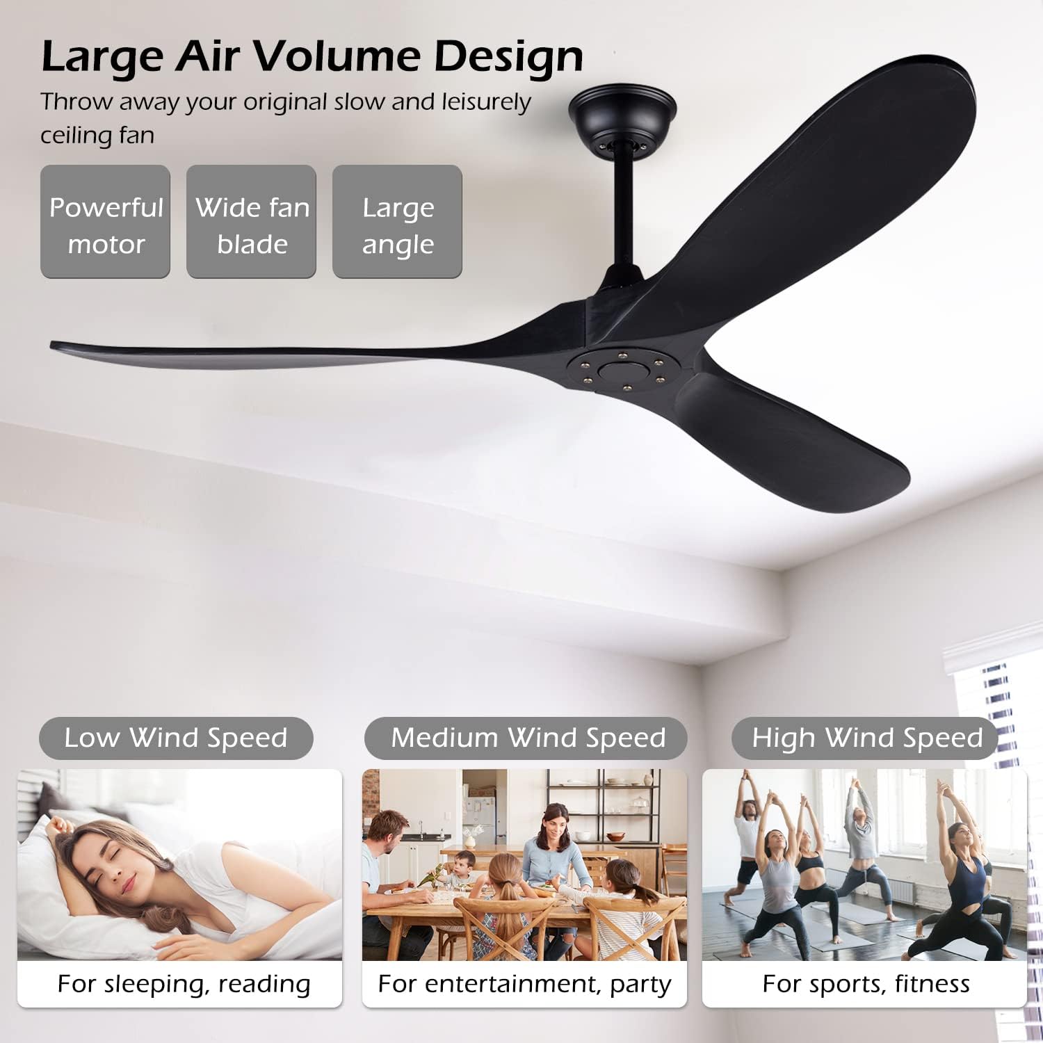 60 Inch Black Ceiling Fan No Light ，Wood Indoor Outdoor Ceiling Fans for Patios Living Room Bedroom Porch Big Farmhouse Ceiling Fan for Flat Sloped Angled Ceiling