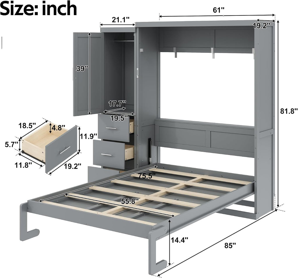 SOFTSEA Full Size Murphy Bed with Wardrobe and Drawers, Solid Wood Wall Bed Frame with Storage, Can be Folded into a Cabinet, No Box Spring Needed, Grey