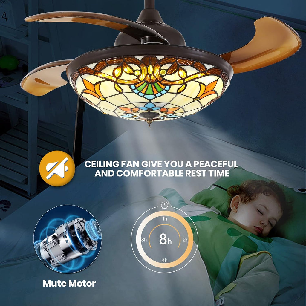 Siljoy 36' Tiffany Ceiling Fan with Lights, Stained Glass Ceiling Fan Vintage Ceiling Fan with Remote Control Dimmable Fandelier with 4 Retractable Reverse Blades for Bedroom, Living and Dining Room