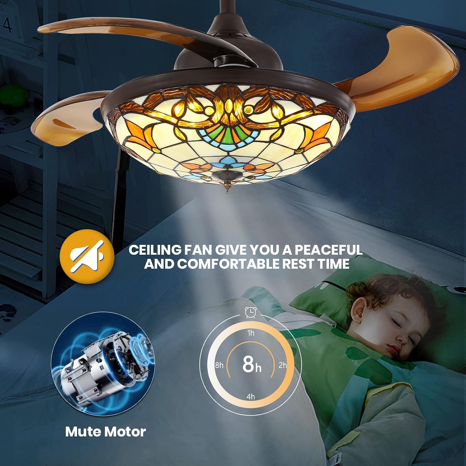 Siljoy 36' Tiffany Ceiling Fan with Lights, Stained Glass Ceiling Fan Vintage Ceiling Fan with Remote Control Dimmable Fandelier with 4 Retractable Reverse Blades for Bedroom, Living and Dining Room