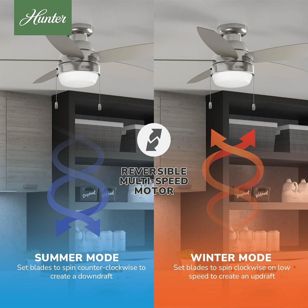 Hunter 52 inch Indoor Ceiling Fan with LED Light - Ceiling Fan with Pull Chain, For Bedroom, Living Room, or Kitchen, Low Profile Mount, No Remote, 5 Blades - Lilliana 52419, Brushed Nickel