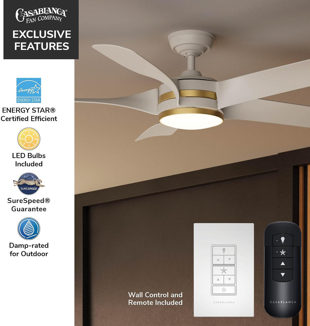 Casablanca - Julia Indoor/Outdoor Ceiling Fan With Light, Wall Control, Remote, 52-inch, 6-speed DC Motor, Energy Star, for porches, patios, sunrooms, bathrooms (Fresh White)
