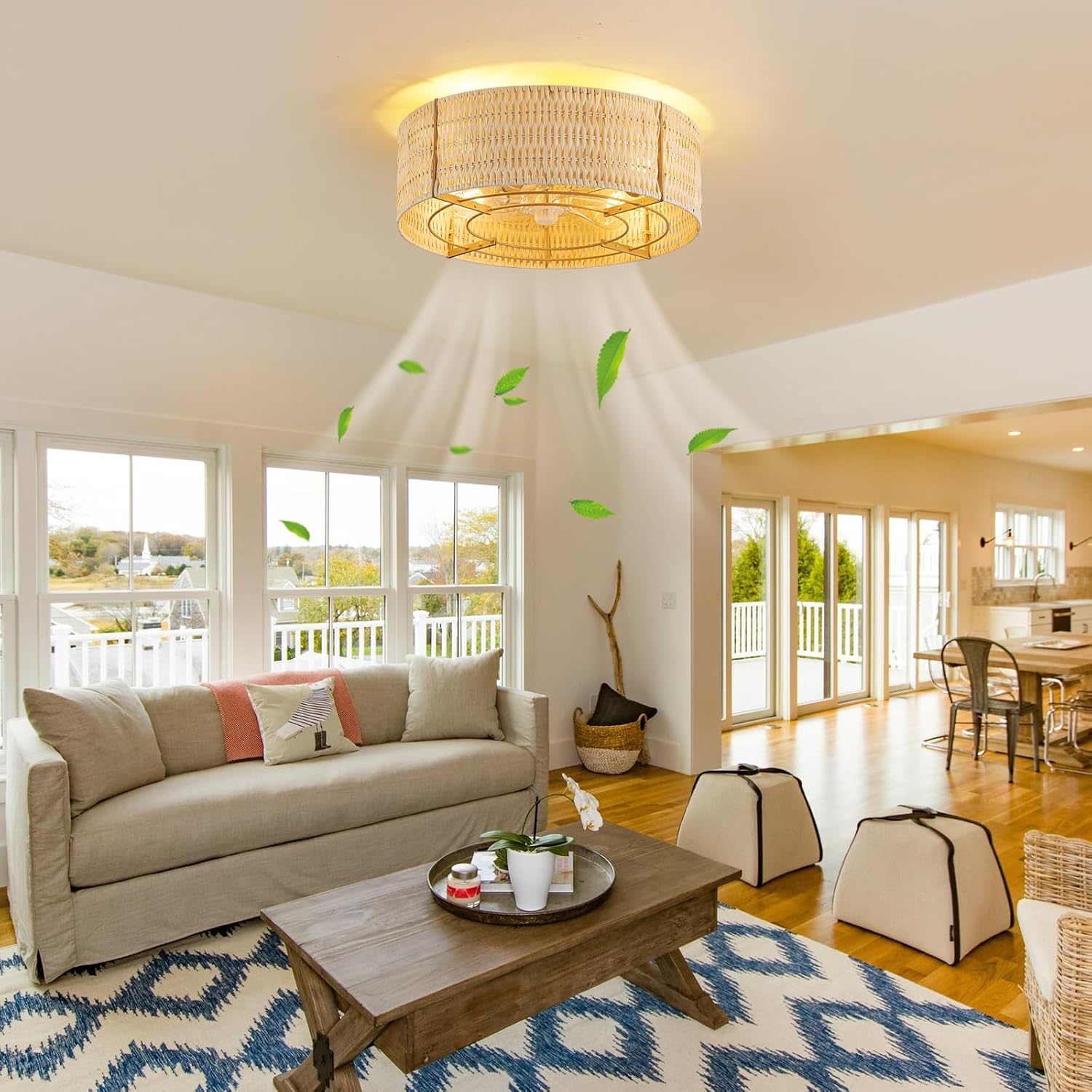 Boho Ceiling Fan with Light, Rattan Fandelier Flush Mount with Remote, Reversible Motor, Enclosed Low Profile Wicker Cage,Farmhouse Caged Ceiling Fans for Bedroom, Living Room, Kitchen