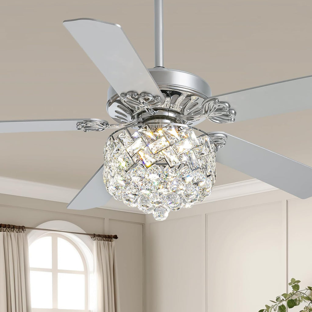 52' Crystal Ceiling Fan with Light Dimmable LED Chandelier Ceiling Fan Modern Reversible Fandelier Light Fixture with Remote for Bedroom Dining Room Living Room Chrome