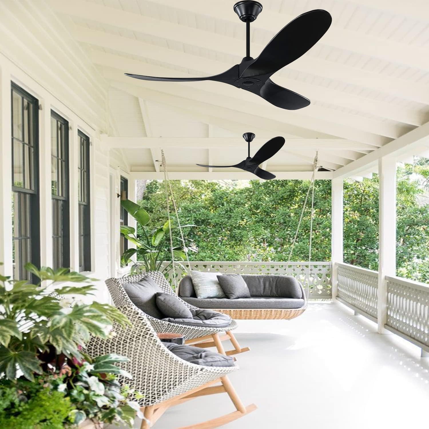 52 Inch Black Outdoor Ceiling Fans without Lights, Modern 3 Blade Wood Ceiling Fan with Remote, Indoor Outdoor Ceiling Fan for Patios Bedroom Commercial,3 Down Rods