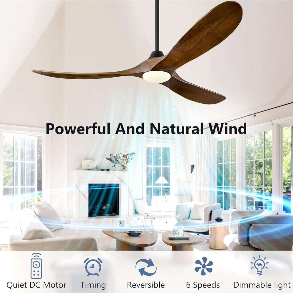 ABZ 52 Inch Ceiling Fans with Lights and Remote Control, Outdoor Ceiling Fan with Light 3 Blades Propeller Solid Wood Ceiling Fan for Indoor Bedroom Living Room, Walnut Wood