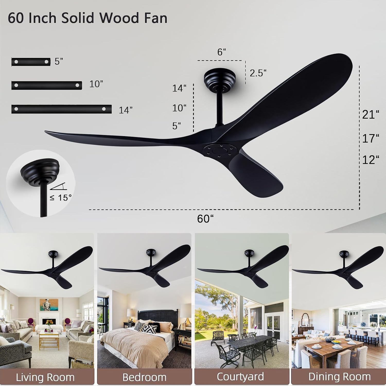 60' Ceiling Fans with Remote Control, No Lights, Modern Reversible DC Motor Indoor Outdoor 3 Blade Ceiling Fan for Patio, Living Room, Bedroom and Farmhouse (Black)