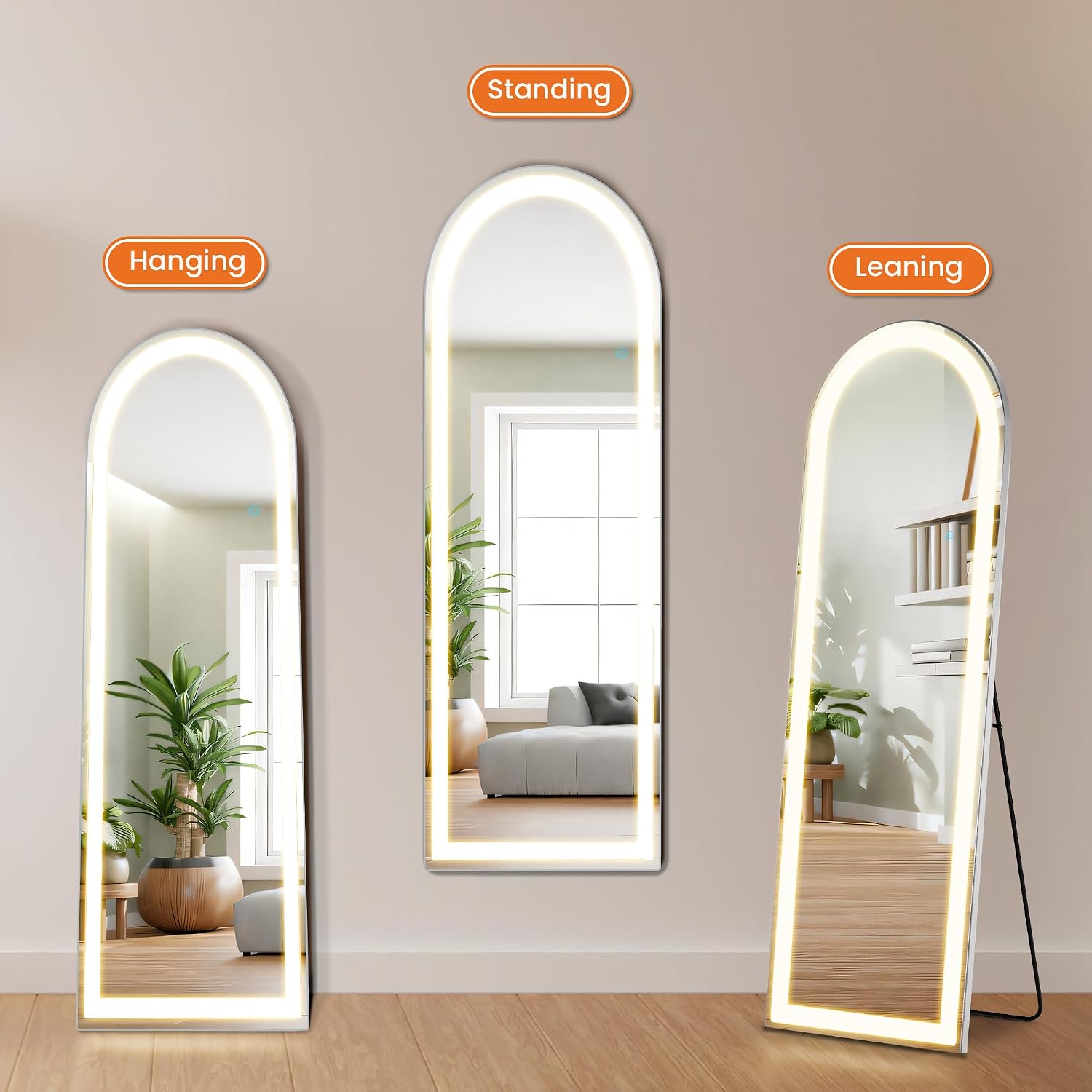 Elevon Full Length Mirror with LED Lights, 63'x20' Floor Mirror with Dimming & 3 Color Lighting, Led Mirrors Full Length with Stand for Bedroom, Dressing Room, Arched