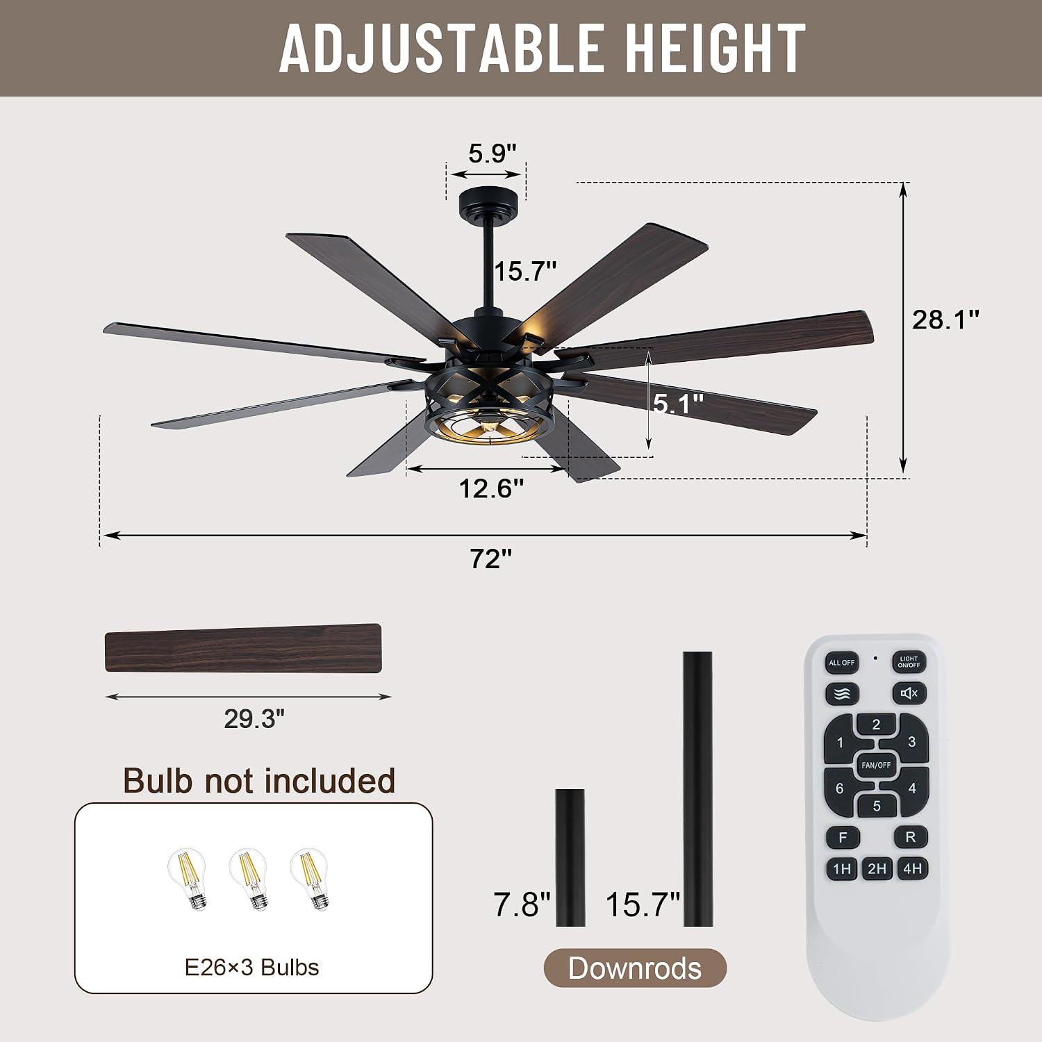 72' Industrial Ceiling Fan with Lights, 8 Blades Dual Color,Reversible DC Motor,Remote Control,6 Speeds,Timer,Quiet Ceiling Fan for Bedroom Living Room Patio