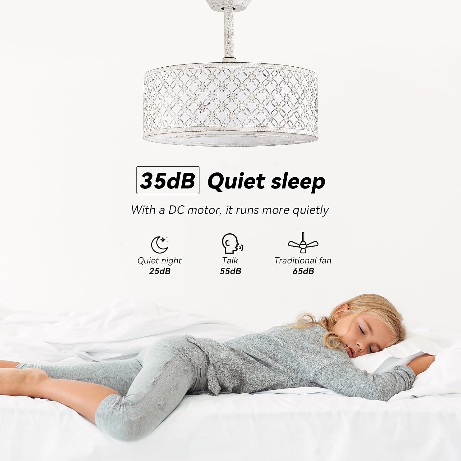 White Fandelier Ceiling Fan with Light, 20' Caged White Chandelier Ceiling Fans with Lights Remote Control, Fabric Mid-Century Modern with 6 Speeds for Bedroom, Nursery, Living Room.