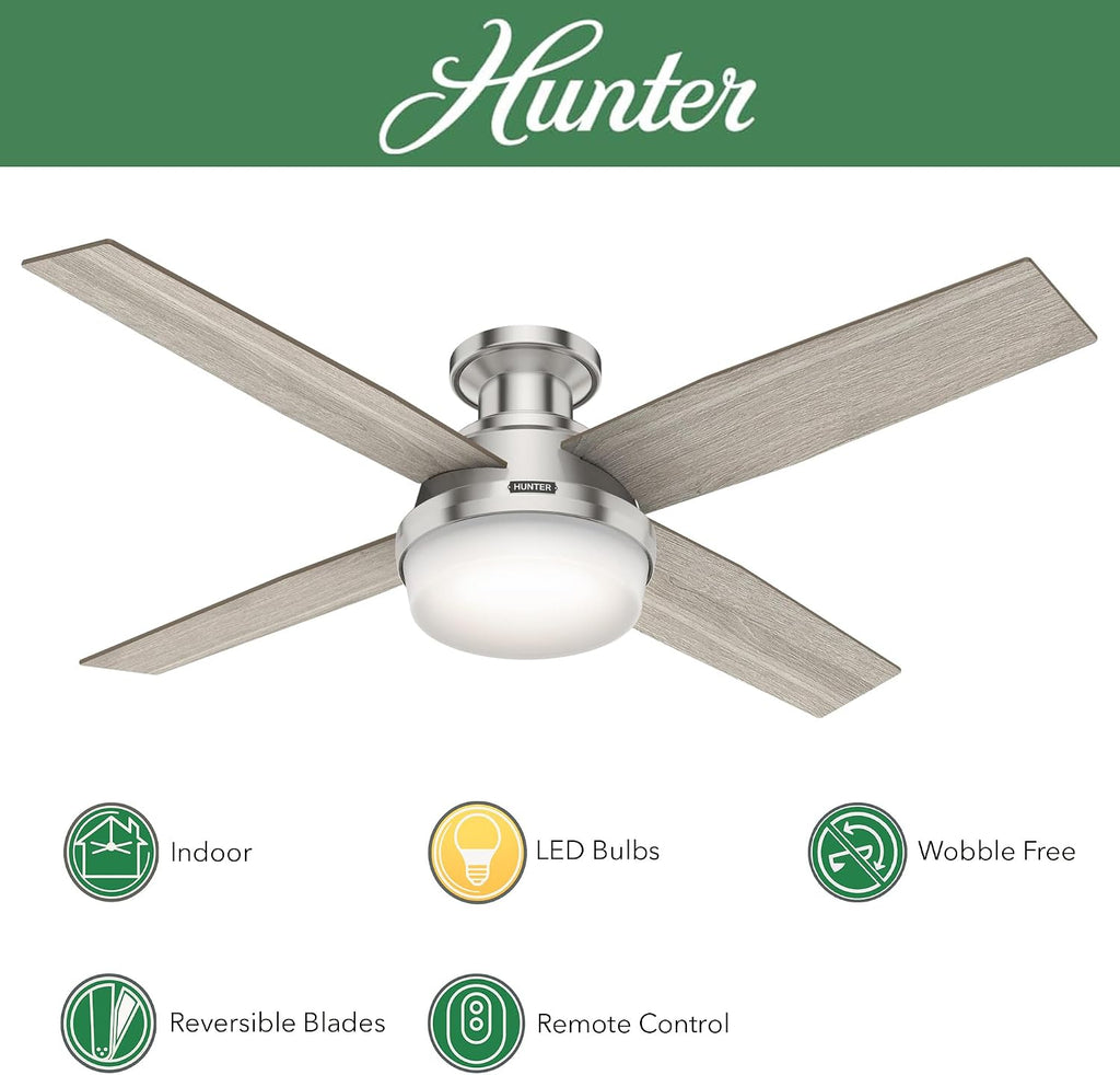 Hunter Fan 52 inch Indoor Ceiling Fan with LED Light, Brushed Nickel Ceiling Fan with Remote for Bedroom, Office or Living Room, 4 Blades (Renewed)