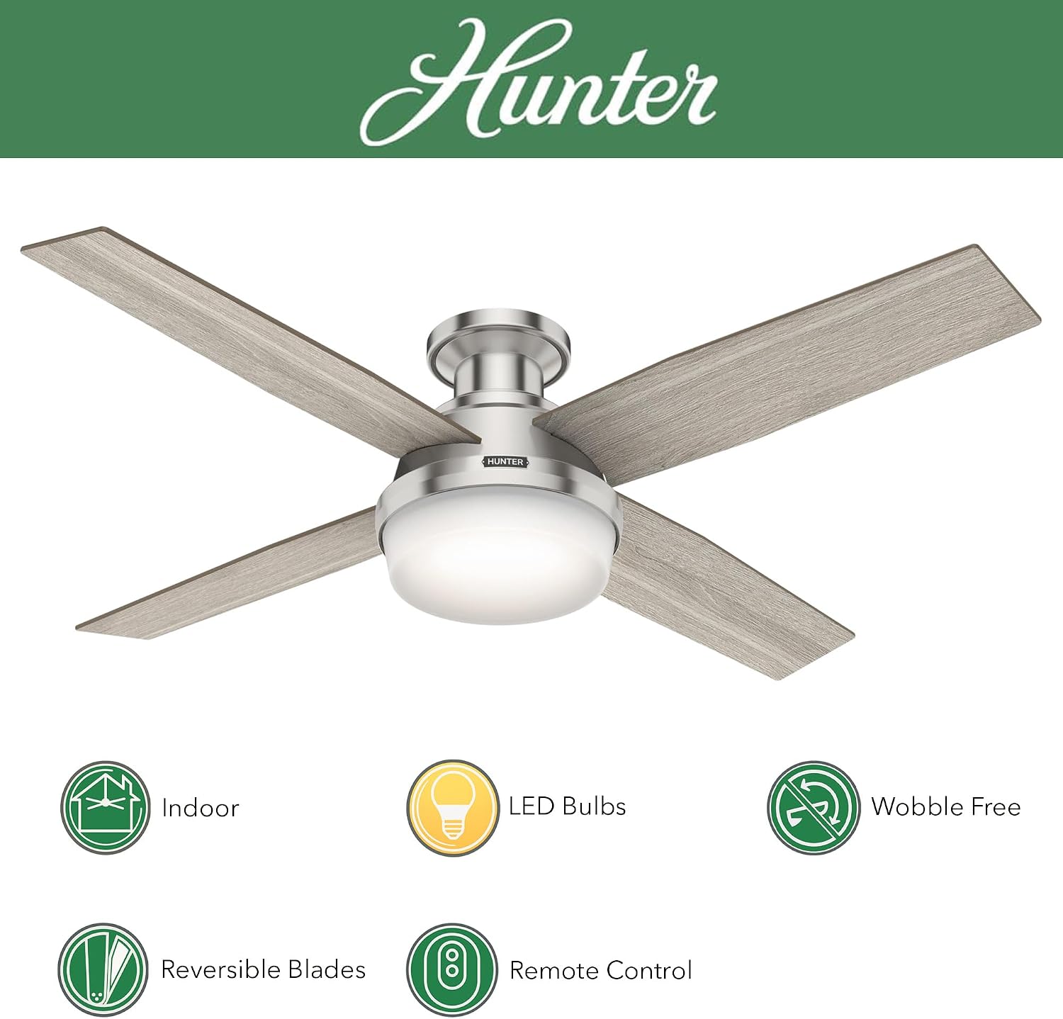 Hunter Fan 52 inch Indoor Ceiling Fan with LED Light, Brushed Nickel Ceiling Fan with Remote for Bedroom, Office or Living Room, 4 Blades (Renewed)