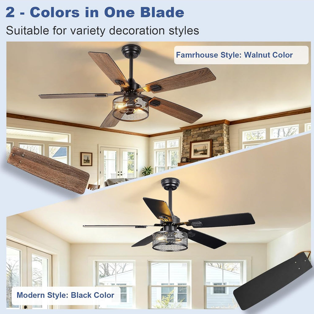Depuley 52-Inch Ceiling Fans with Lights: Caged Ceiling Fans Dual Finish 5 Blades - Farmhouse Ceiling Fan with Remote Control for Rustic Living Room Outdoor Patio Reversible (Black Walnut)