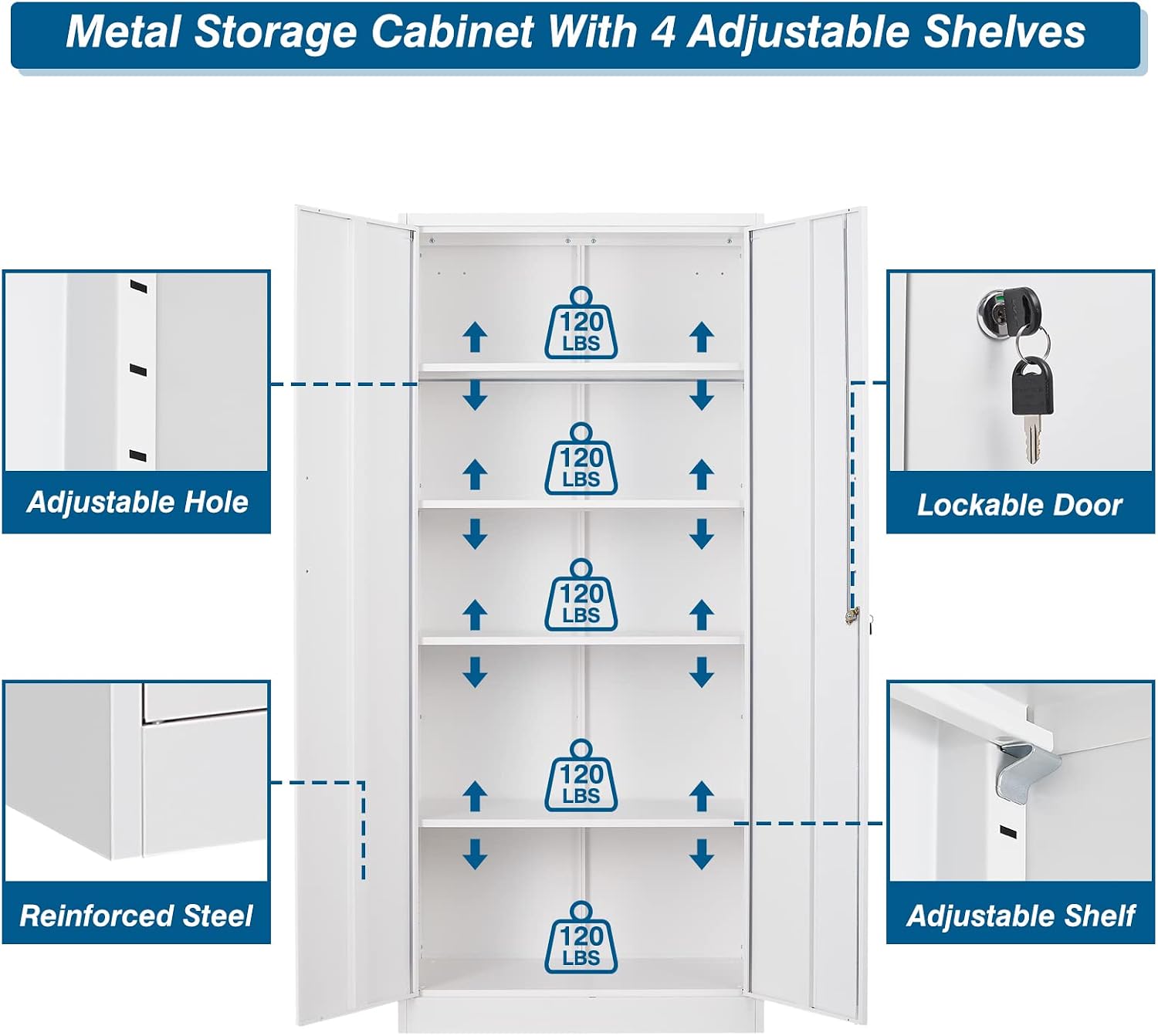PEUKC Metal Garage Storage Cabinet, 71-inch Tool Storage Cabinet with Adjustable Shelves & Locking Doors for Garage,Office,Home,School,Gym Storage (White)