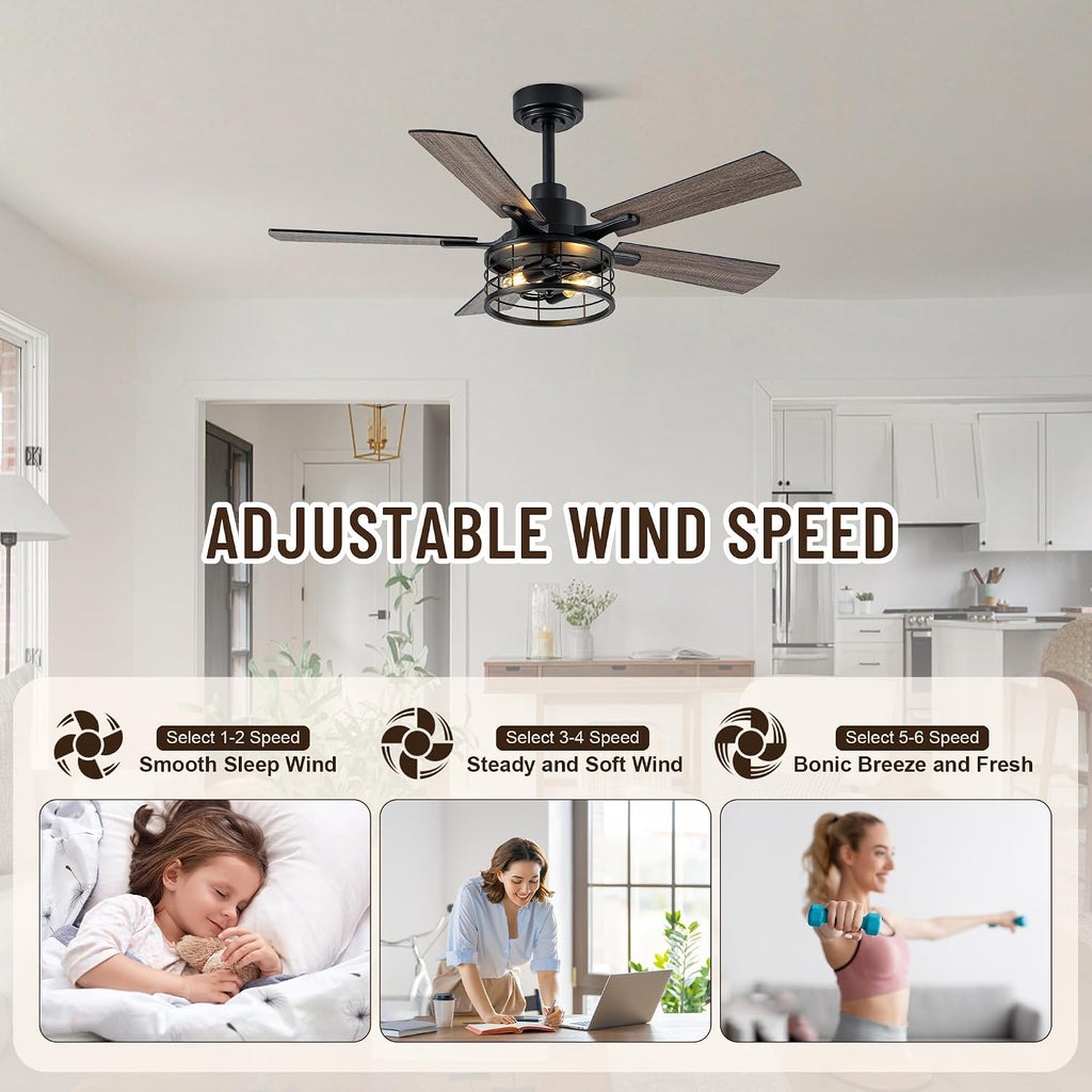 46' Farmhouse Caged Ceiling Fan with Light and Remote, Reversible DC Motor, 5 Double Finish Wood Blades, Rustic Retro Chandelier Ceilng Fan with Light for Living Room Dining Room Bedroom