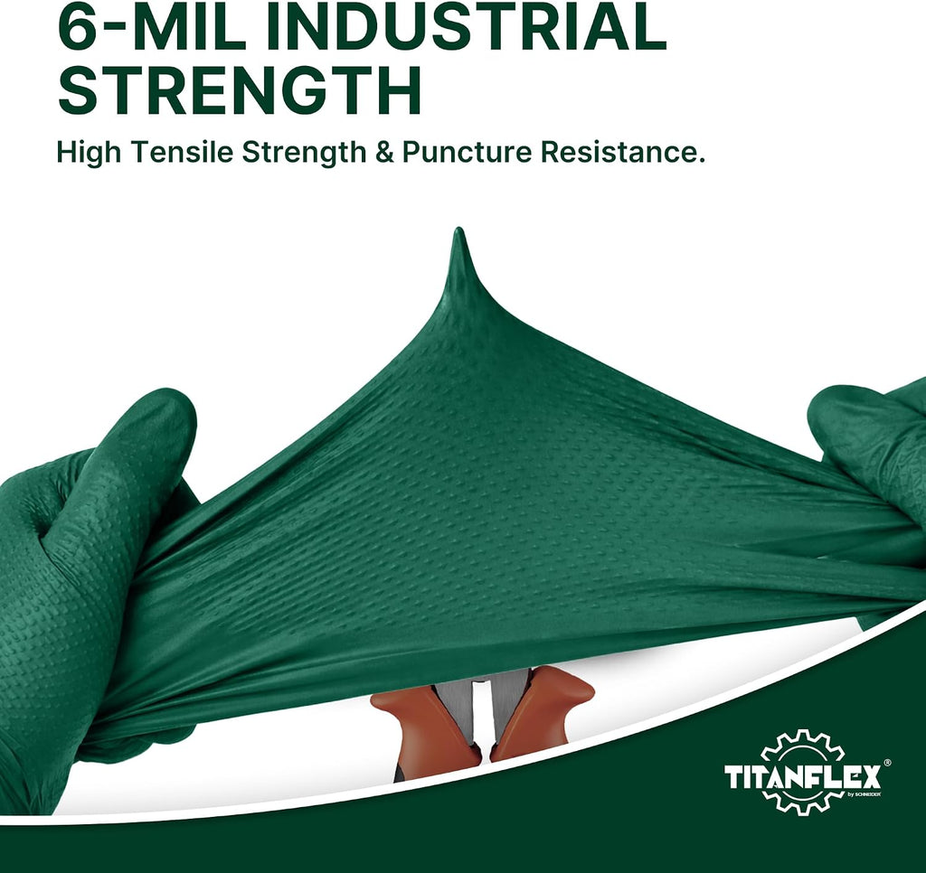 TitanFlex Heavy Duty Industrial Nitrile Gloves with Raised Diamond Texture, 6-mil, Latex Free (Dark Green/Yellow)