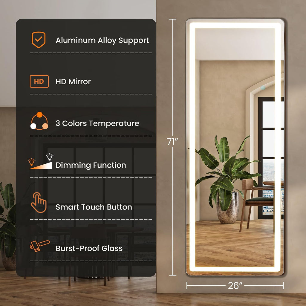 Elevon Full Length Mirror with LED Lights, 71'x26' Floor Mirror with Dimming & 3 Color Lighting, Led Mirrors Full Length with Stand for Bedroom, Dressing Room, Rectangle