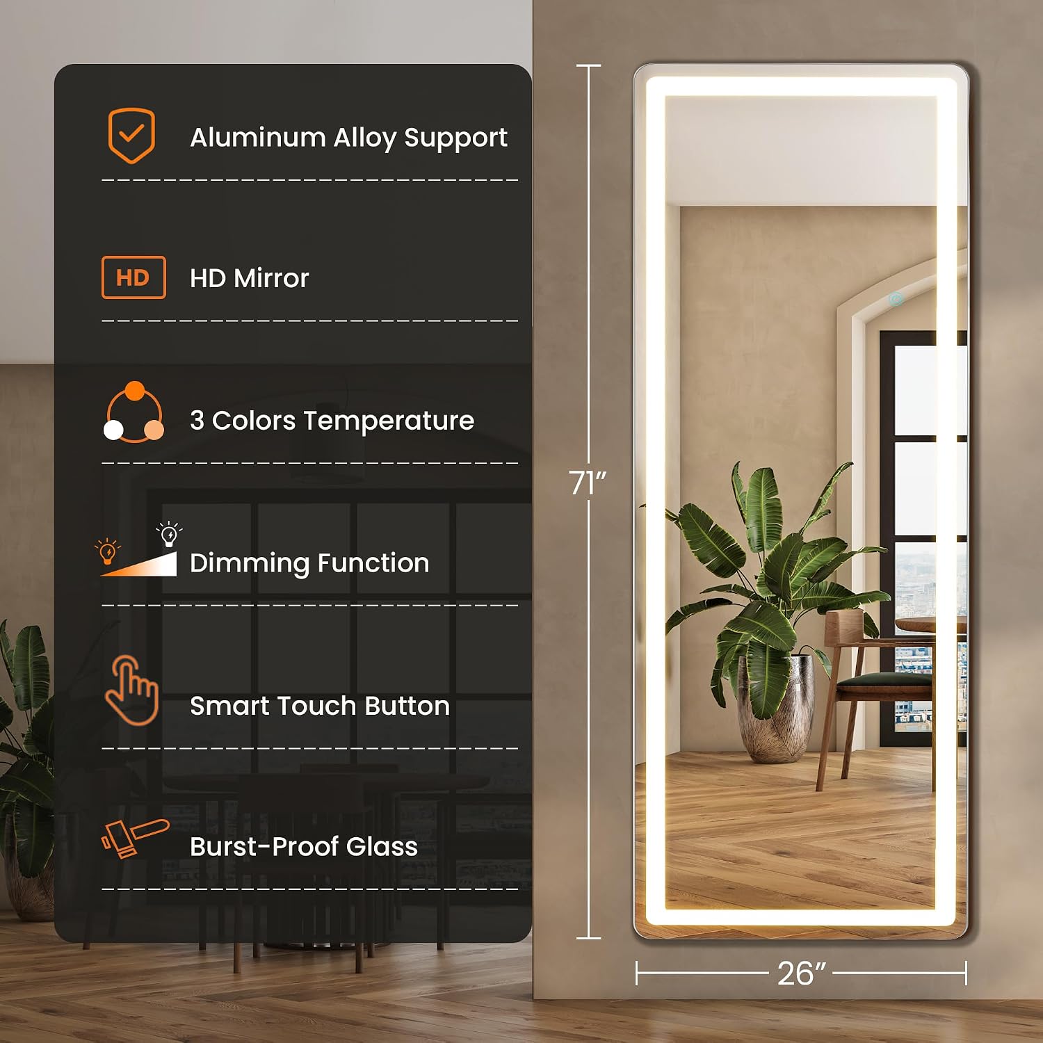 Elevon Full Length Mirror with LED Lights, 71'x26' Floor Mirror with Dimming & 3 Color Lighting, Led Mirrors Full Length with Stand for Bedroom, Dressing Room, Rectangle