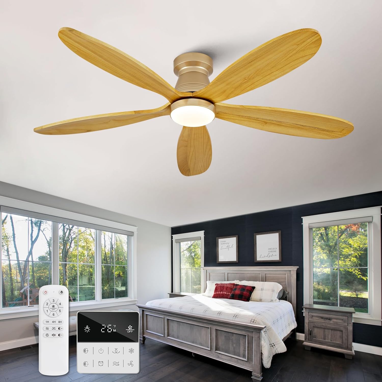 52 Inch Wood Ceiling Fans with Lights and Remote, Low Profile Flush Mount Modern Ceiling Fan with Light, 5 Blades, Dimmable, Wall Switch, Indoor Outdoor Black Ceiling Fan for Bedroom