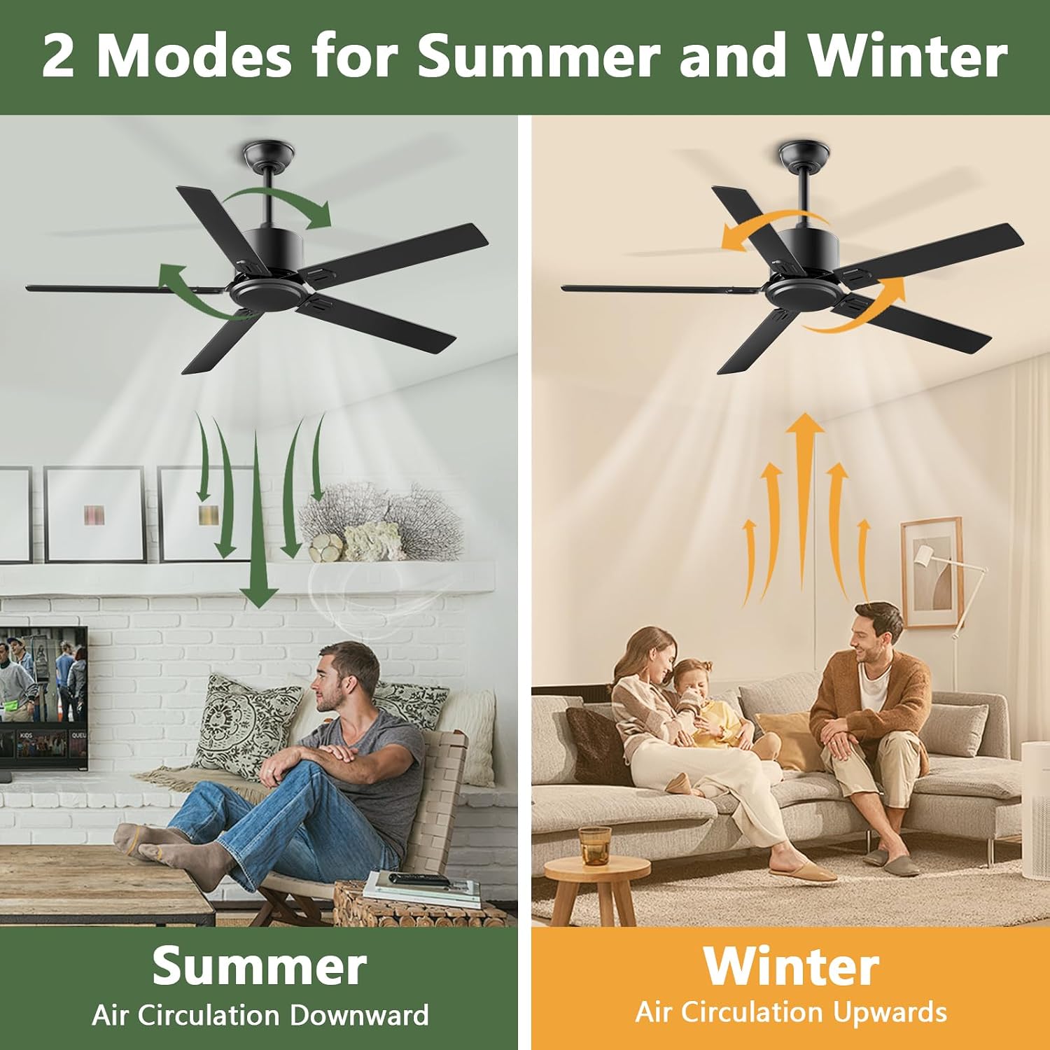 Obabala Outdoor Ceiling Fan No Light, 60 Inch Black Modern Ceiling Fan Without Light, Dual Finish 5 Blades,6 Speed, Reversible Quiet DC Motor for Patios, Garage, Bedroom, Porch