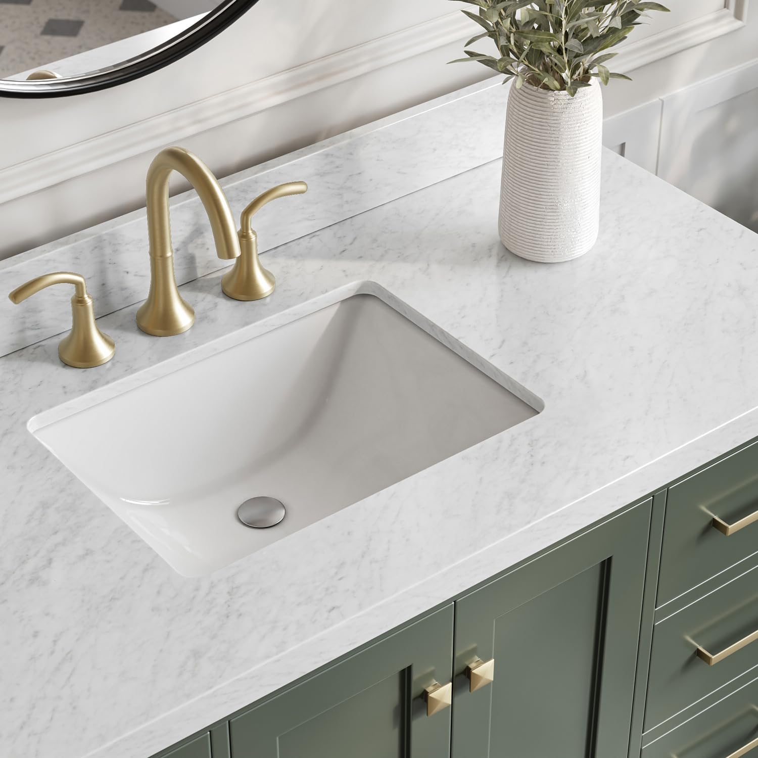 ARIEL Cambridge 48-inch Bathroom Vanity with Sink,Solid Wood, 1.5-inch Italian Carrara Marble Countertop, Single Rectangular Porcelain Sink, 2 Soft Closing Doors, 9 Dovetail Drawers, Vintage Green