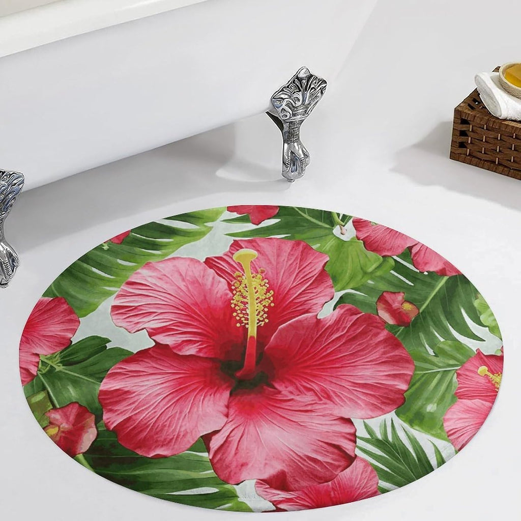 Hibiscus Flower Coral Velvet Round Floor Mat Non-Slip Bath Rug Floor Covering for Bathroom Vanity Guest Suite & Vacation Home