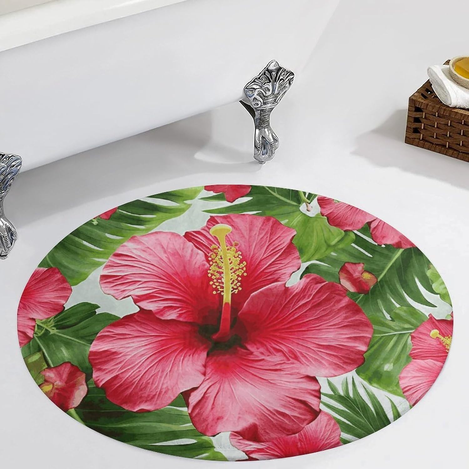 Hibiscus Flower Coral Velvet Round Floor Mat Non-Slip Bath Rug Floor Covering for Bathroom Vanity Guest Suite & Vacation Home