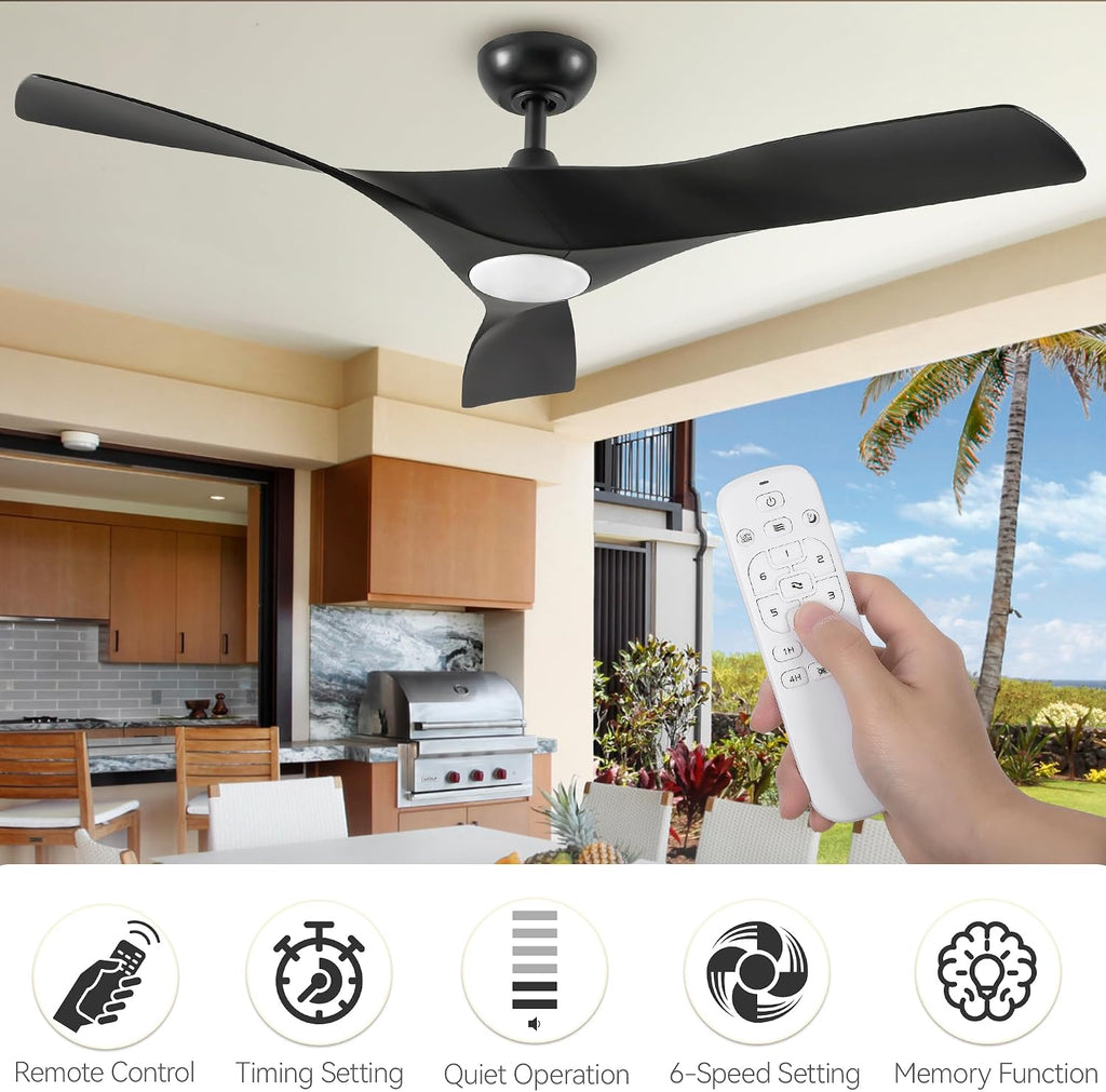 DWVO Ceiling Fan with Light, 52' Ceiling Fan with Remote, LED Tri-Color Temperature, 3 Blade Ceiling Fans Reversible 6 Speeds w/Quiet DC Motor for Bedroom, Living Room, Dining Room, Patio