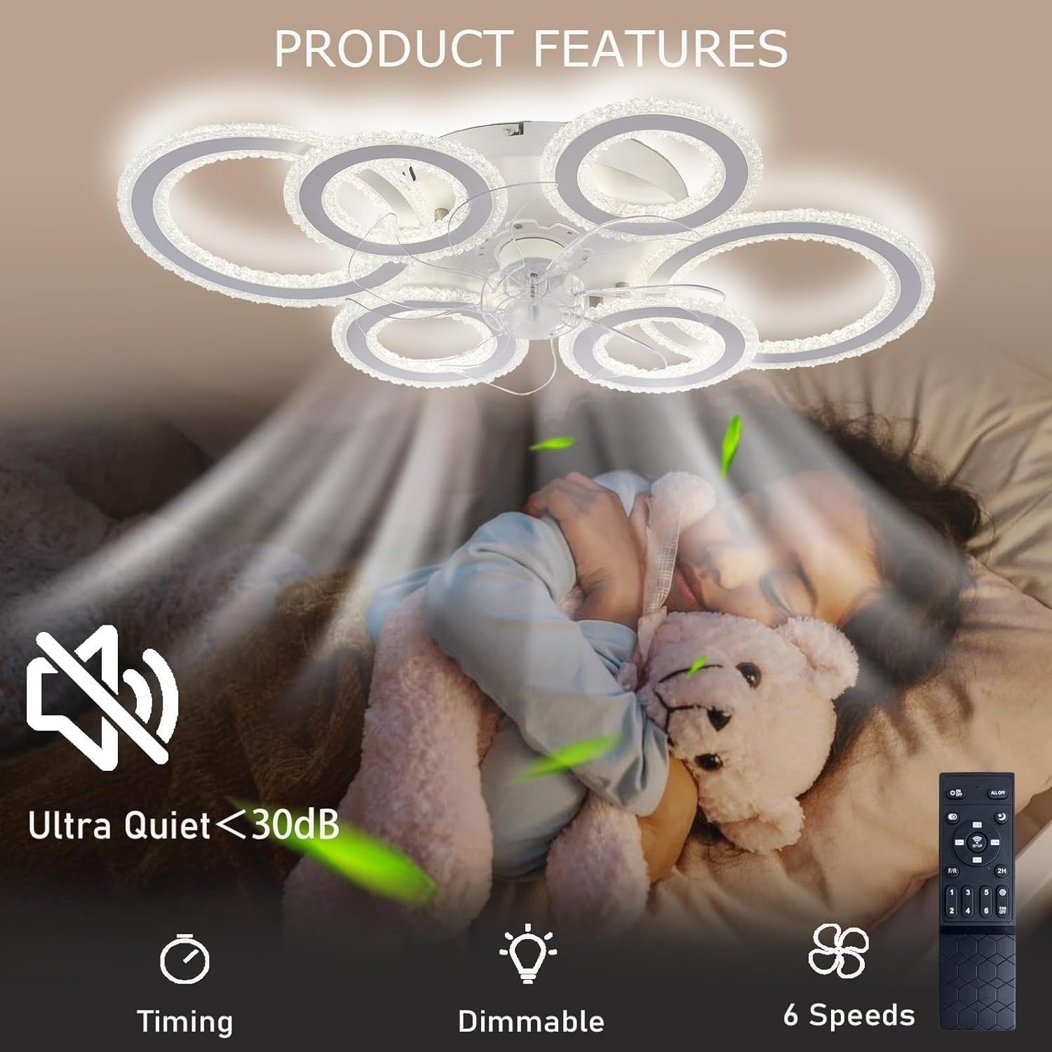 76CM Smart Ceiling Light with Fan DC Motor 6 Gear Reversible Bedroom Ceiling Fan with Lighting LED Dimmable Quiet Modern Living Room Lamp with Fan (Color : White)