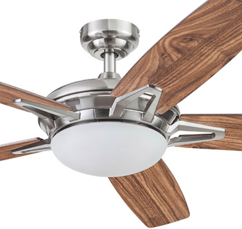 Prominence Home Clancy, 52 Inch Contemporary LED Ceiling Fan with Integrated Dome Light, Remote Control, Dual Mount, 5 Reversible Dual-Finish Blades - 51482-01 (Brushed Nickel)