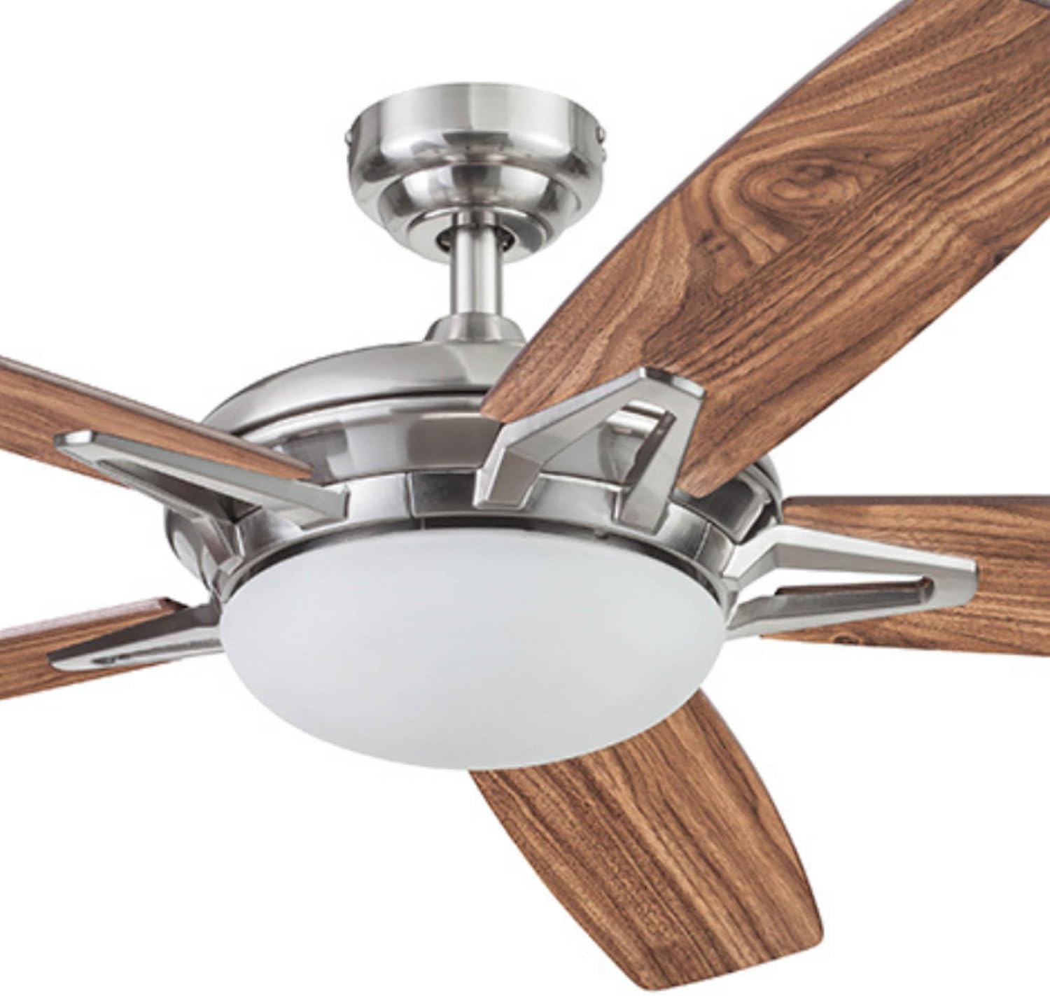 Prominence Home Clancy, 52 Inch Contemporary LED Ceiling Fan with Integrated Dome Light, Remote Control, Dual Mount, 5 Reversible Dual-Finish Blades - 51482-01 (Brushed Nickel)