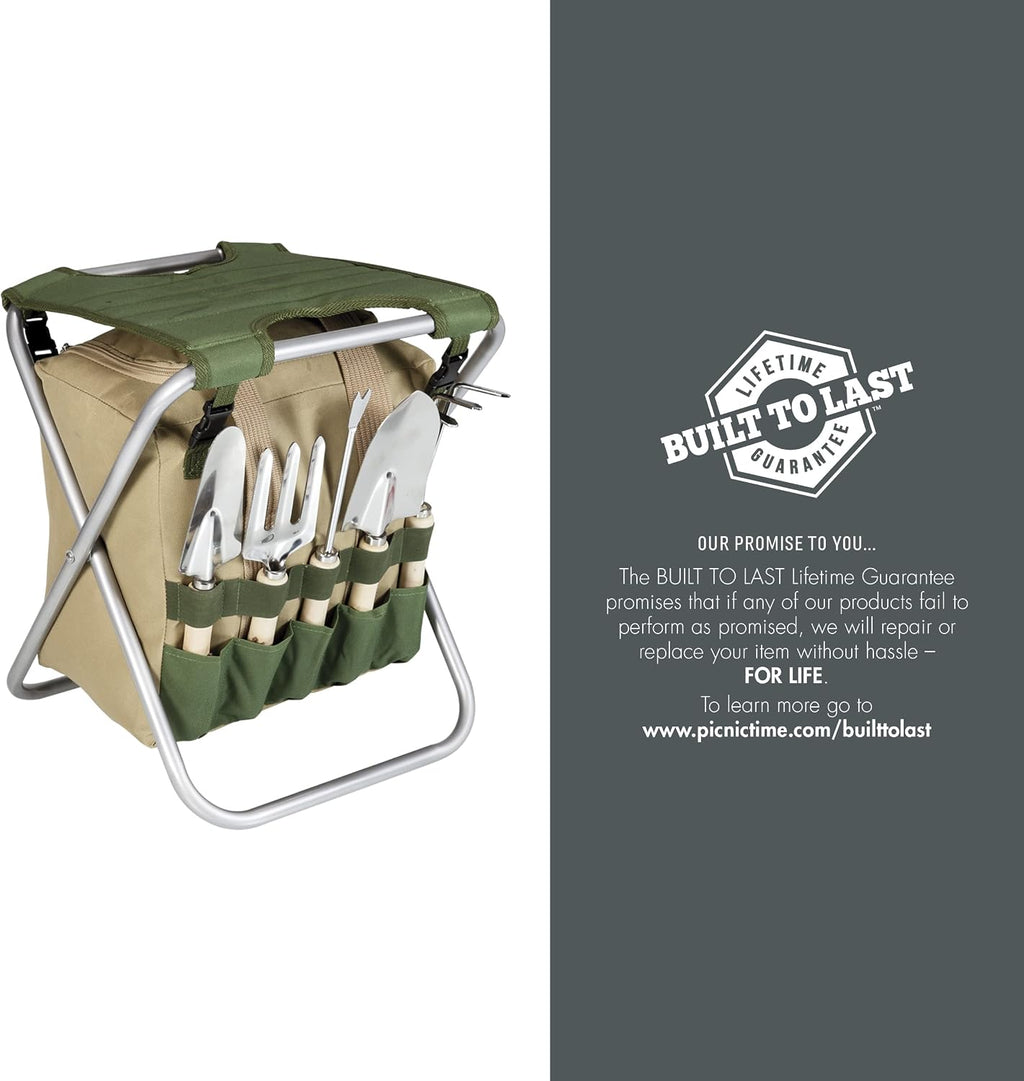 PICNIC TIME Disney Winnie The Pooh Gardener Folding Seat with Tools, Folding Garden Stool with Detachable Tote and Hand Tool Set Organizer, Portable Gardening Chair, (Olive Green with Beige Accents)