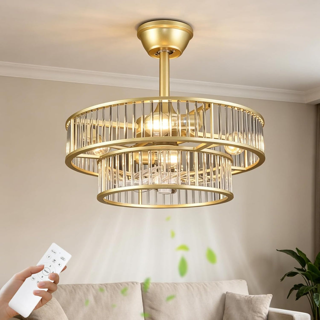 Depuley Bedroom Ceiling Fan with Lights: 20' Gold Chandelier Cagd Fan with Remote Control - Modern Crystal Fandelier for Girl's Bedroom Living Room Nursery (E26 Bulbs Not Included)
