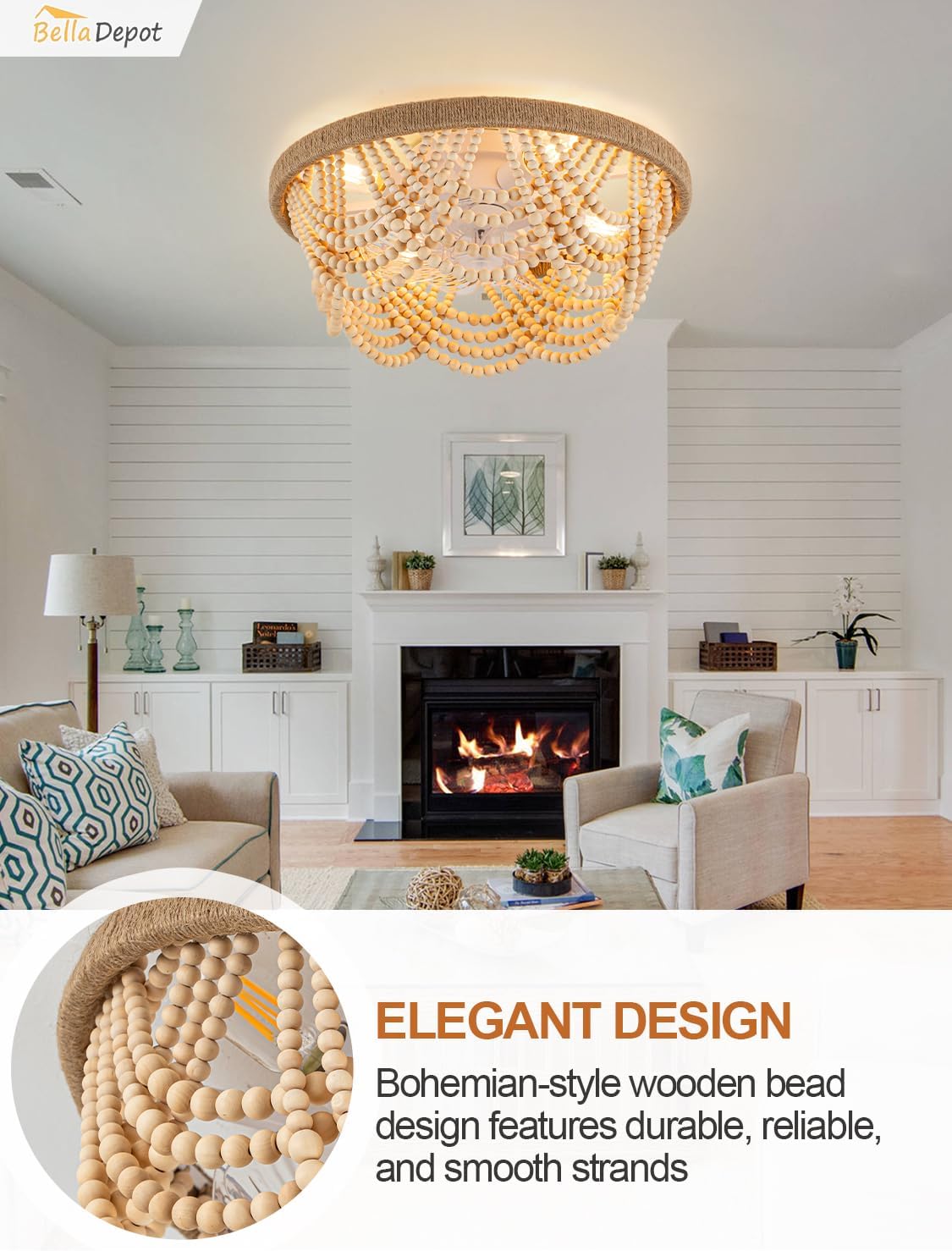 Bella Depot 20' Boho Ceiling Fan with Light, Flush Mount Wood Beaded Fandelier Chandelier Fan, 6 Speeds Reversible Bladeless Ceiling Fan for Bedroom Living Room Kitchen (Wood)