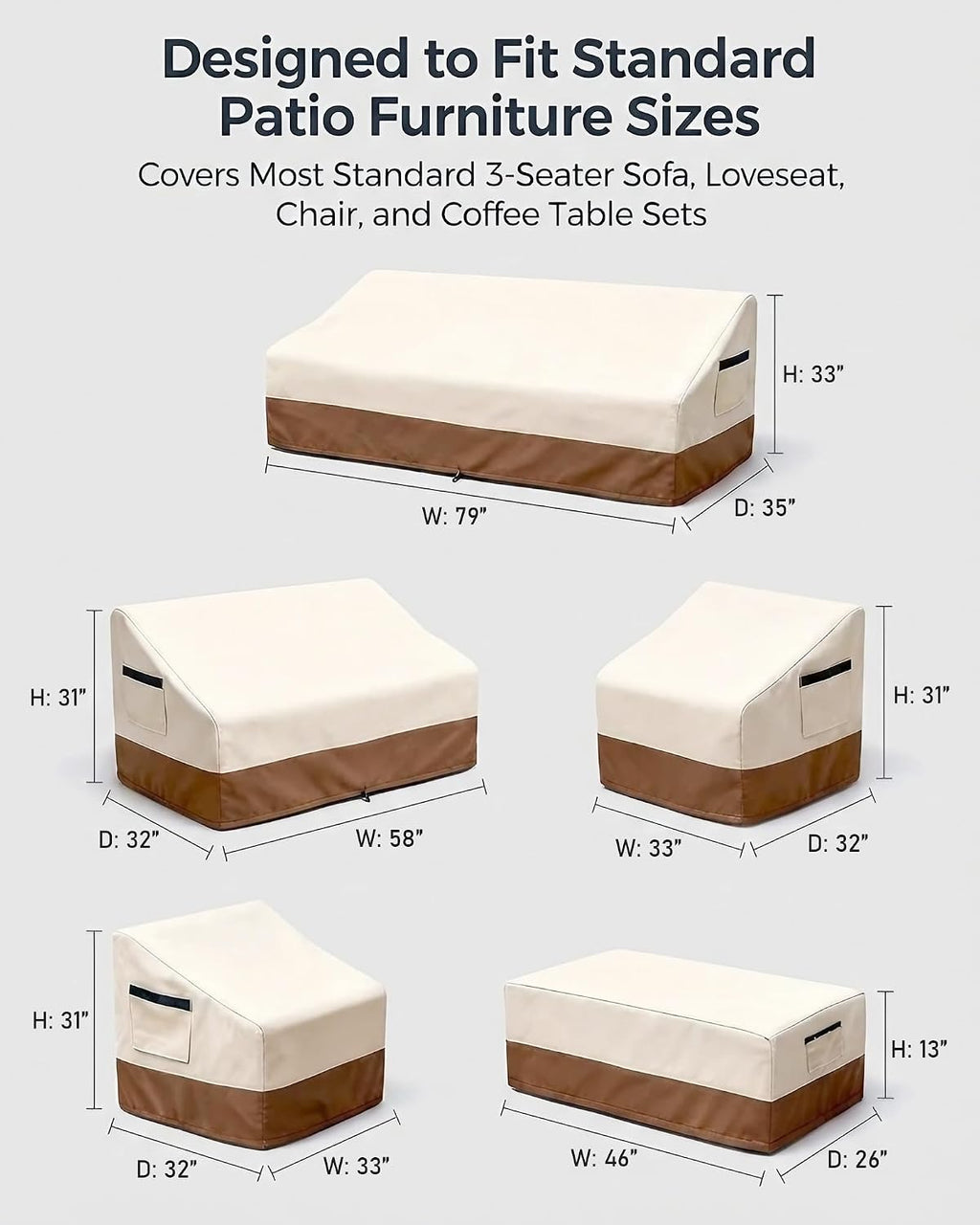 5 Piece Patio Furniture Cover Set, Waterproof Outdoor Furniture Covers for 3-Seater Sofa, Loveseat, Chairs & Coffee Table, Heavy Duty 600D Lawn Patio Set Covers, UV-Resistant All-Season, Beige&Brown