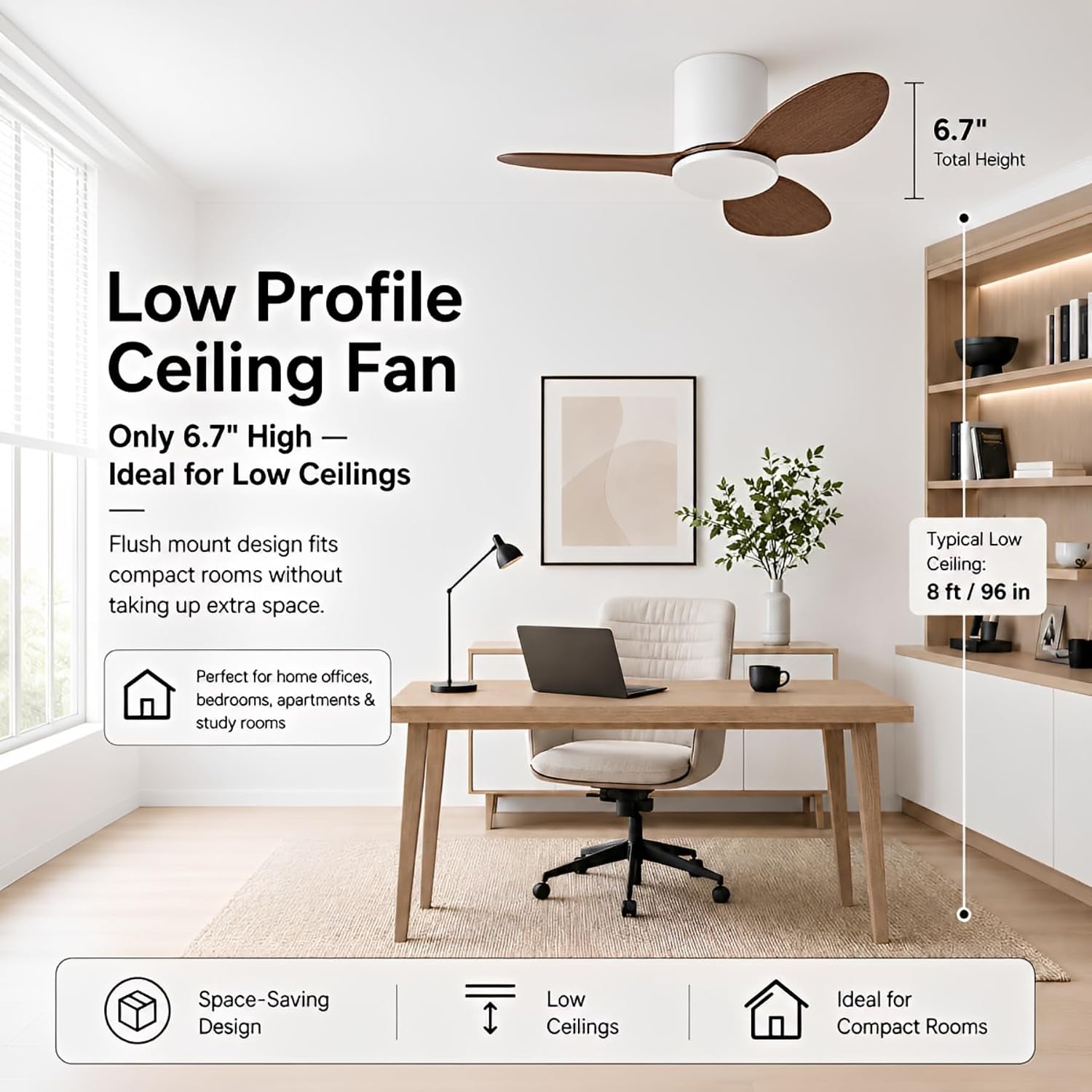 Flush Mount Ceiling Fan No Light Modern Small Ceiling Fans Remote Control 6 Speeds 25 Inch Ceiling Fan Without Lights Quiet DC Motor, 3 Blades For Restaurant Bedroom Patio Indoor