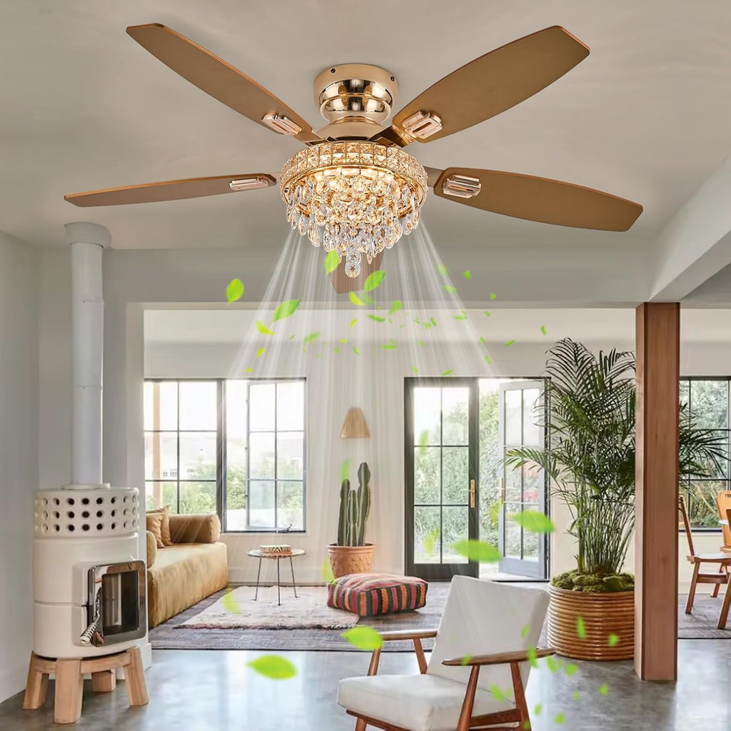 Crystal Ceiling Fan Fandelier with Lights-Ceiling Fans with Lights,50' Low Profile and Remote Control, Flush Mount, Reversible, Dimmable, Noiseless,Gold Ceiling Fan for Bedroom