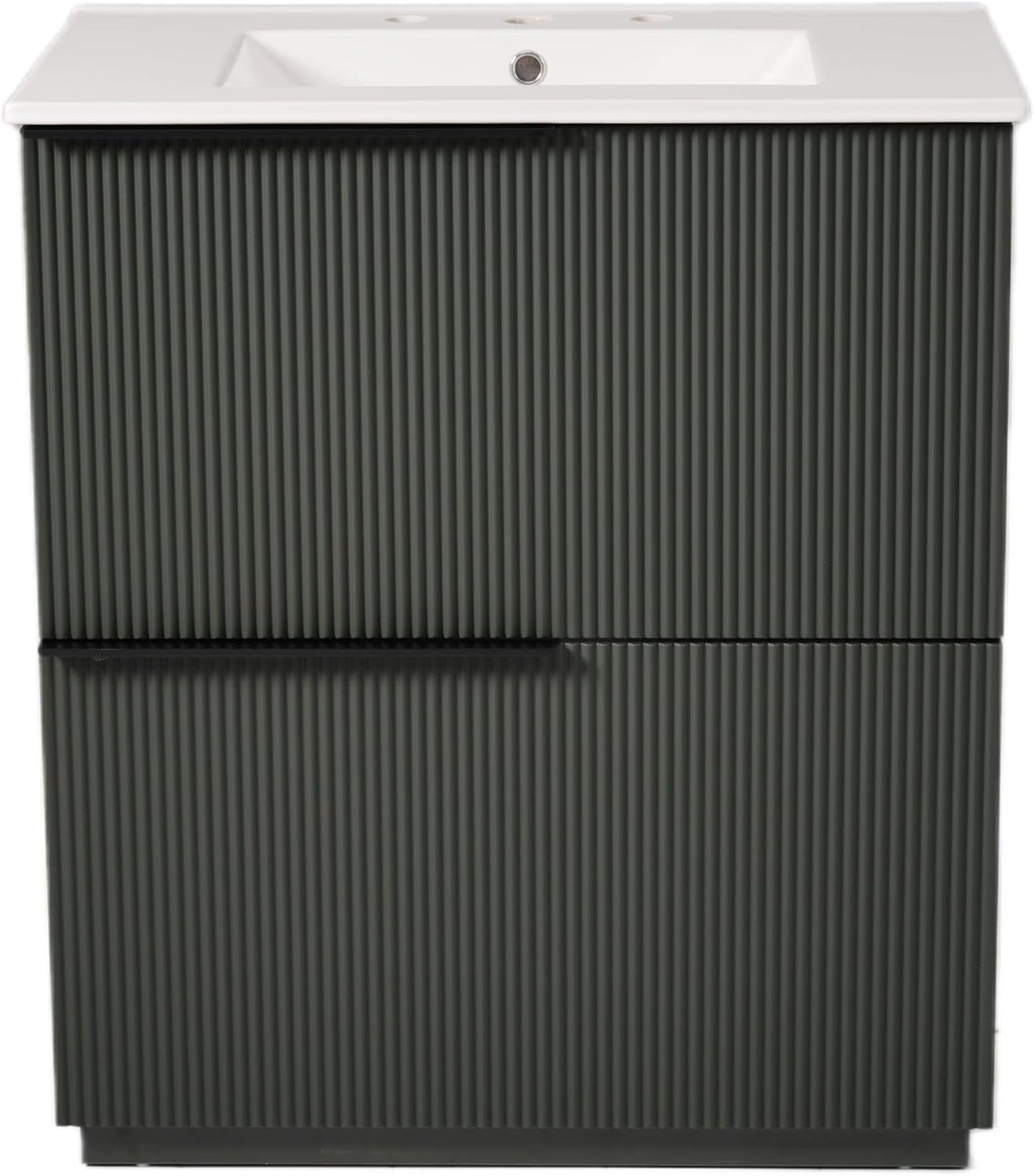 30' Bathroom Vanity Cabinet, Ceramic Sink Top, Fluted Front, 2 Full-Extension Drawers, Perfect for Master Suite, Cozy Guest Bath, or Compact Powder Room