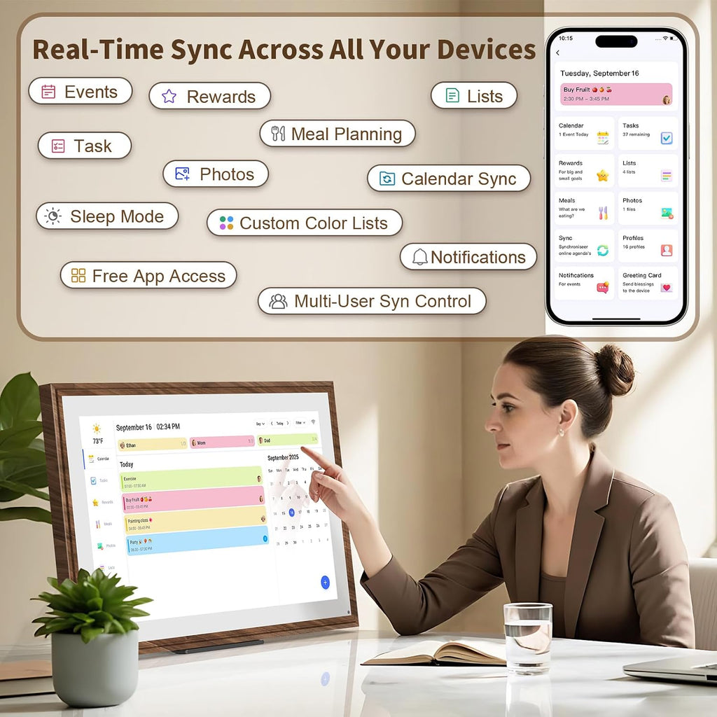 21.5 Inch Digital Calendar Chore Chart with Touchscreen - Full HD Interactive Display, Wall & Desk Mountable Family Planner, to-Do List & Meal Planner, Digital Picture Frame Gifts for Women Mom