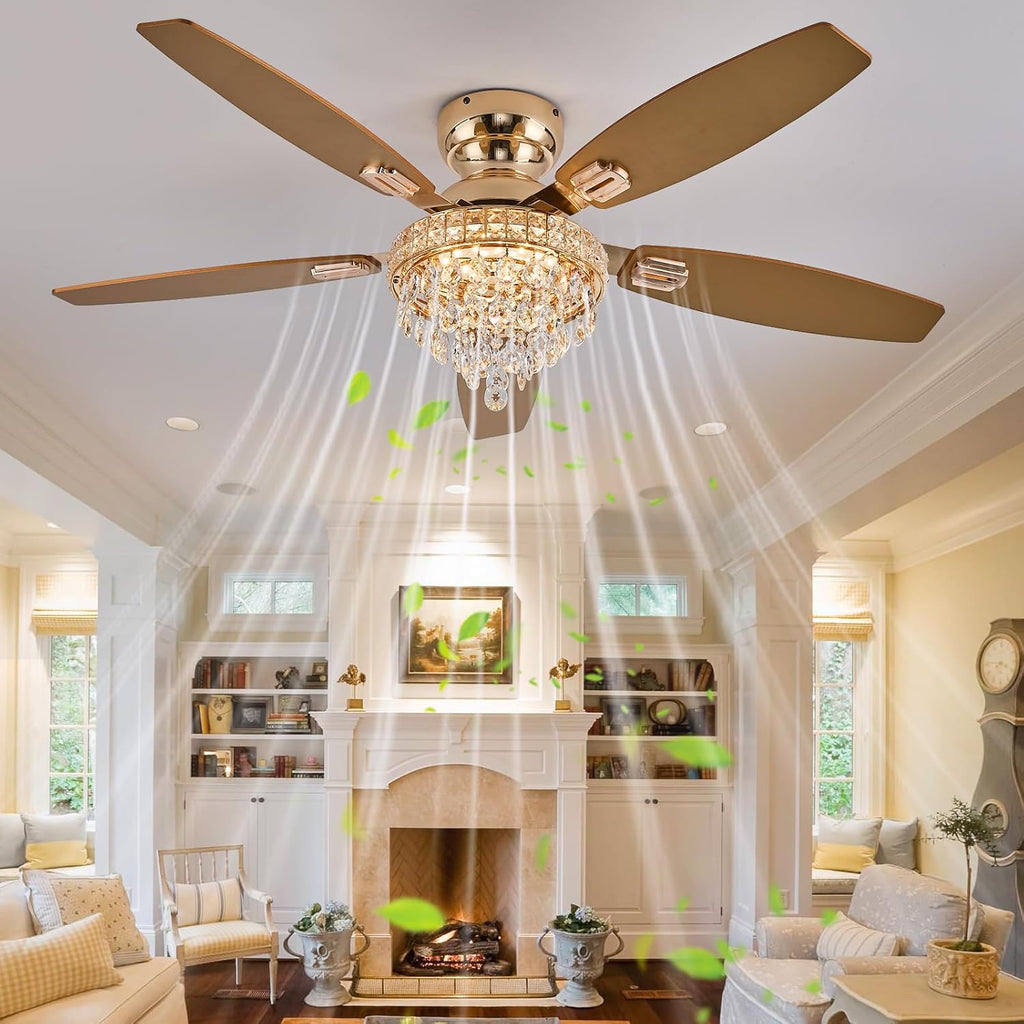 Crystal Ceiling Fan Fandelier with Lights-Ceiling Fans with Lights,54' Low Profile and Remote Control, Flush Mount, Reversible, Dimmable, Noiseless,Gold Ceiling Fan for Bedroom