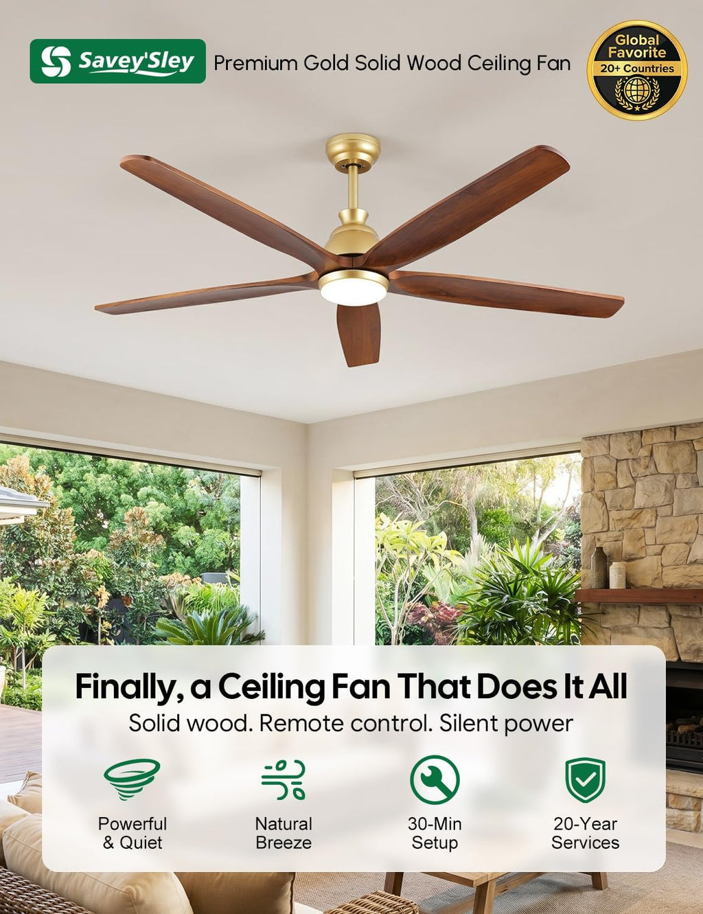 52 Inch Ceiling Fan with Lights, Gold Brass Finish, Solid Wood Ceiling Fan, Outdoor Damp Rated for Patio, High CFM Quiet Reversible DC Motor, Rustic Farmhouse Blades, for Indoor Living Room Bedroom
