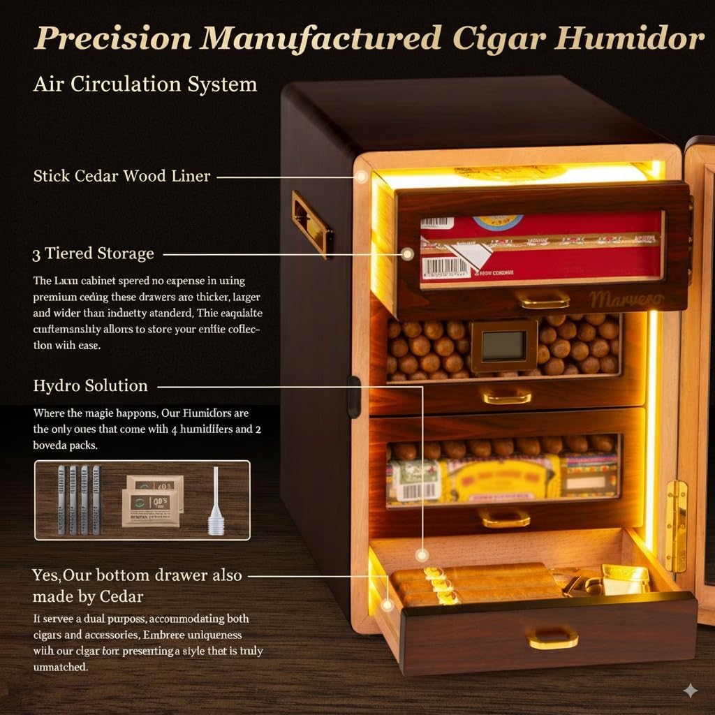 Desktop Cigar Humidor Cabinet Triple-Sided Light with Digital Hygrometer, Humidifier and Humidity Packs. 4 Cedar Wood Drawers, Cigar Humidor Box can Hold 200 Cigars. Present for Men