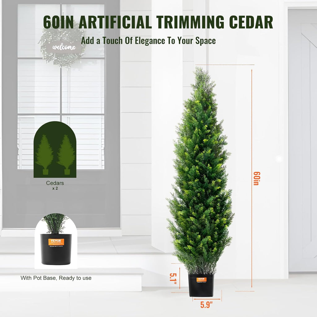 VEVOR Artificial Topiary Cedar Tree, 60 inch Tall (2 Pieces), with Extra Leaves & Pot Faux Evergreen Fake Pine Cypress Trees Plant, UV Rated Artificial Greenery Set for Home Decor Indoor/Outdoor